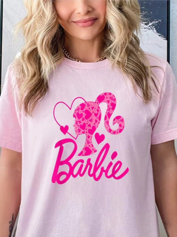 Barbie-Print-Buchstaben-Print-Sport-Casual-Damen-Kurzarm-T-Shirt