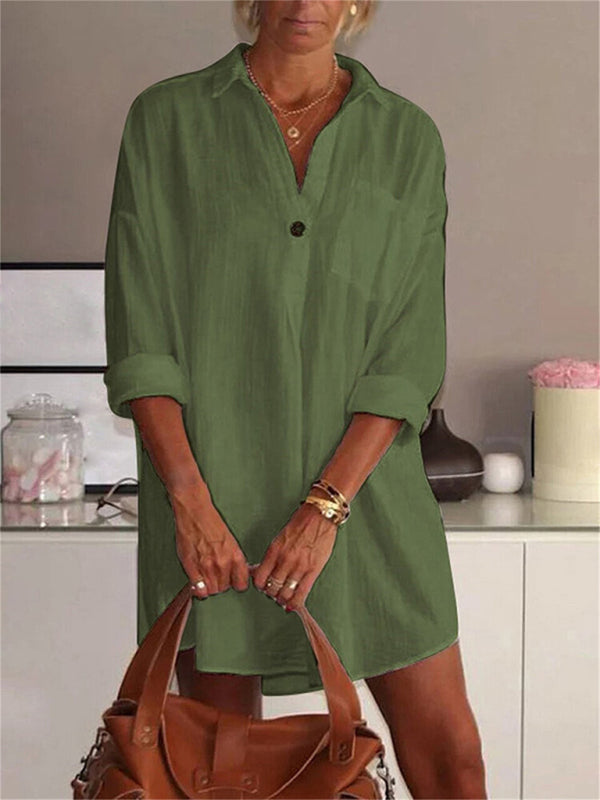 Chemise mi-longue à col chemise boutonnée à manches longues
