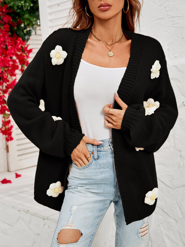 Neue langärmlige Strickjacke mit Blumenmuster und Laternenärmeln