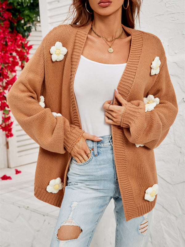 Neue langärmlige Strickjacke mit Blumenmuster und Laternenärmeln