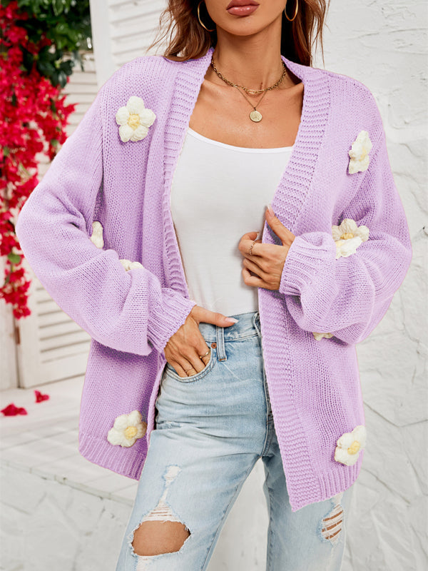Neue langärmlige Strickjacke mit Blumenmuster und Laternenärmeln