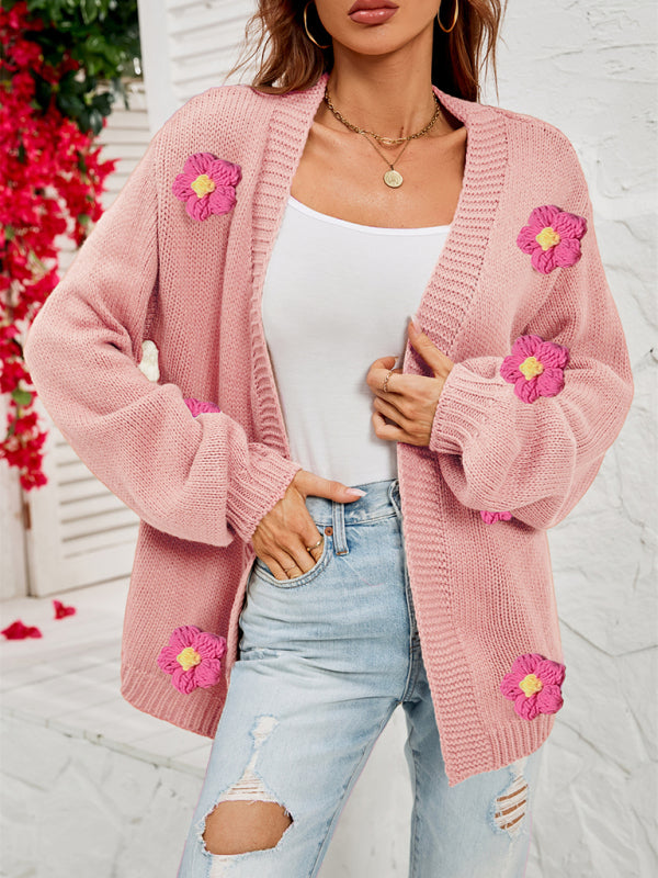 Neue langärmlige Strickjacke mit Blumenmuster und Laternenärmeln