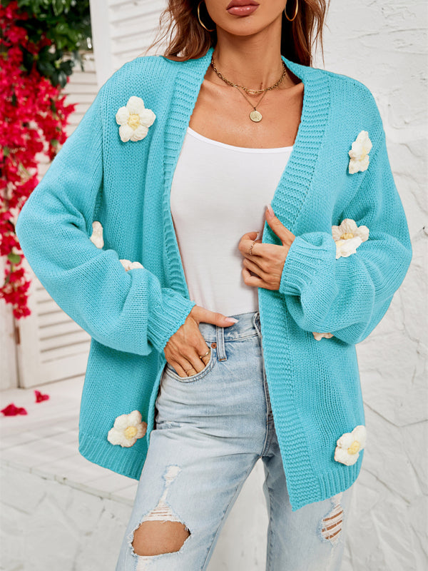 Neue langärmlige Strickjacke mit Blumenmuster und Laternenärmeln