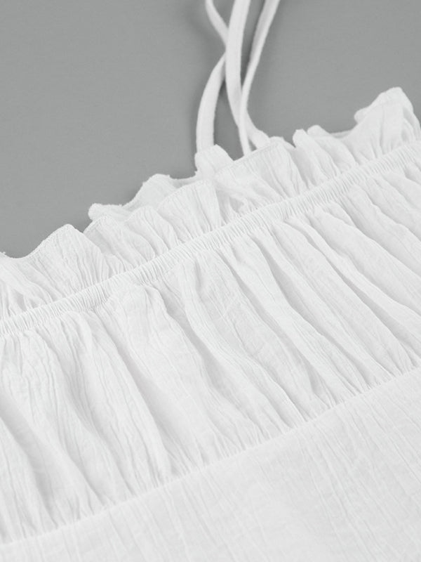Sexy weißes, eng anliegendes Sling-Kleid mit Rüschenrock und V-Ausschnitt
