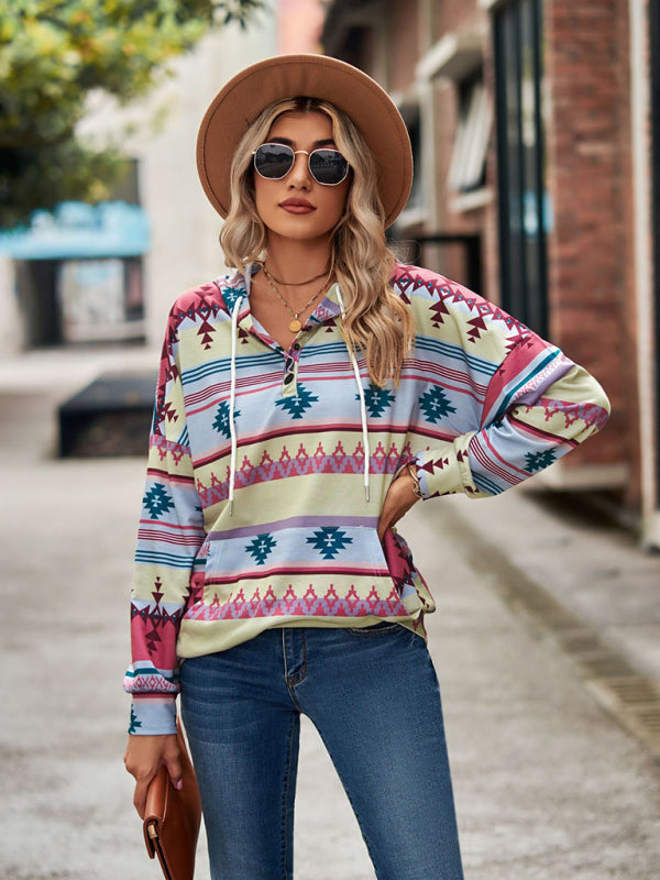 Colorful geometric pattern hooded sweater, pink and green