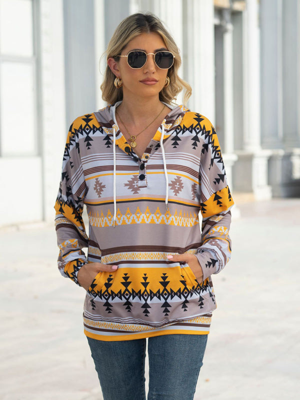 Yellow and gray geometric pattern hooded sweater