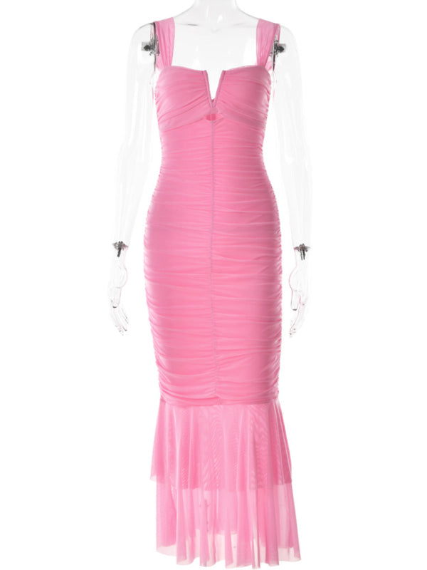 Pink tight pleated fishtail dress on mannequin