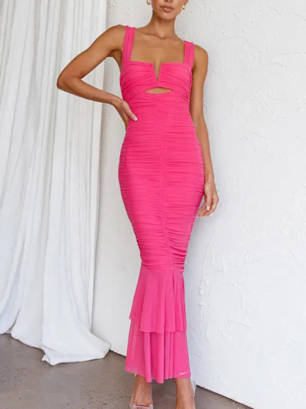 Pink suspender stitching pleated fishtail dress