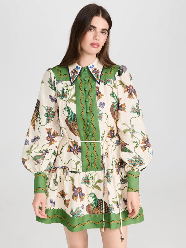 New long-sleeve printed lapel loose tie casual dress