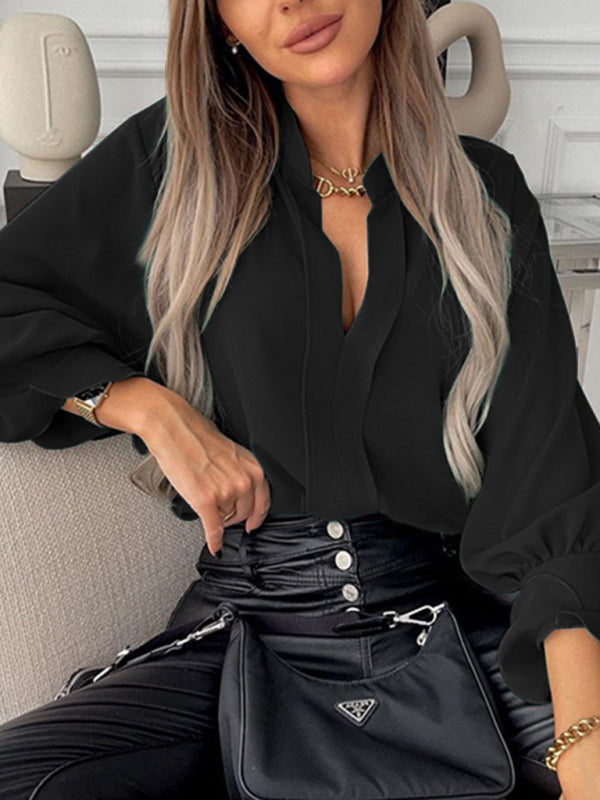 New solid color fashion all-match loose long-sleeved chiffon blouse