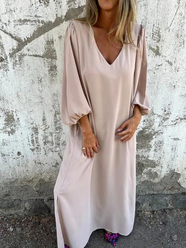 Beige V-neck lantern sleeve dress, standing view