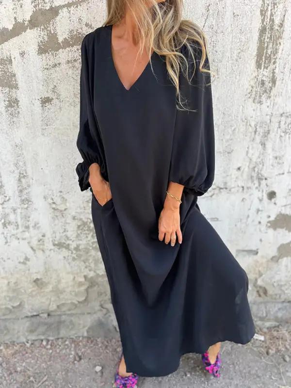 Black V-neck lantern sleeve dress, full view
