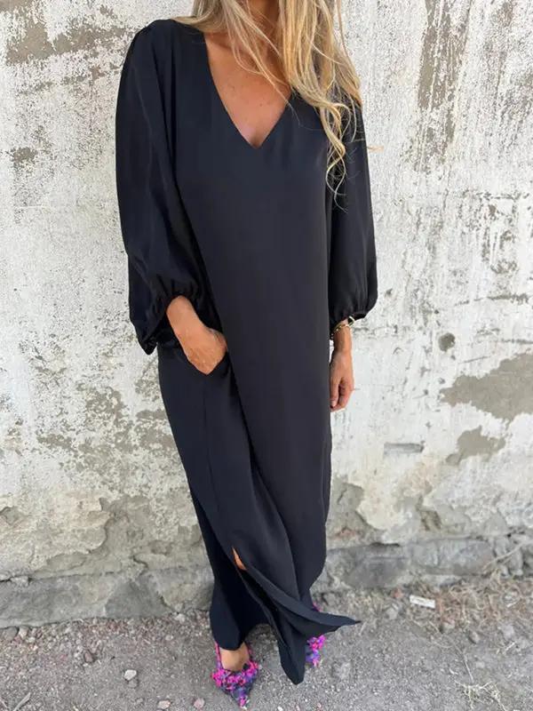 Black V-neck lantern sleeve dress, front view