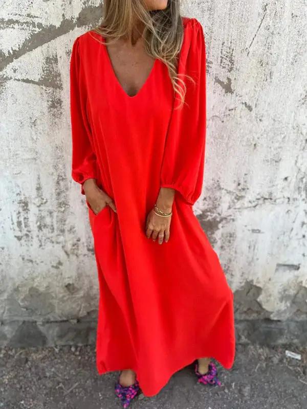 Red V-neck lantern sleeve dress, full view
