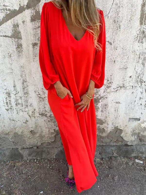Red V-neck lantern sleeve dress, front view