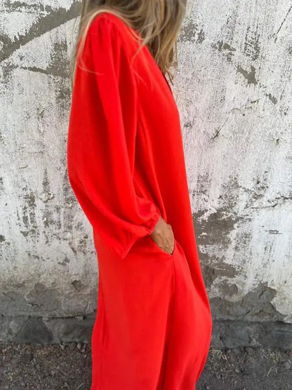 Red V-neck lantern sleeve dress, side view
