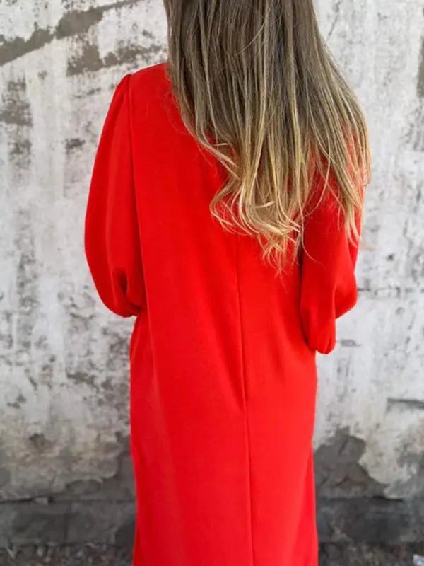 Red V-neck lantern sleeve dress, back view