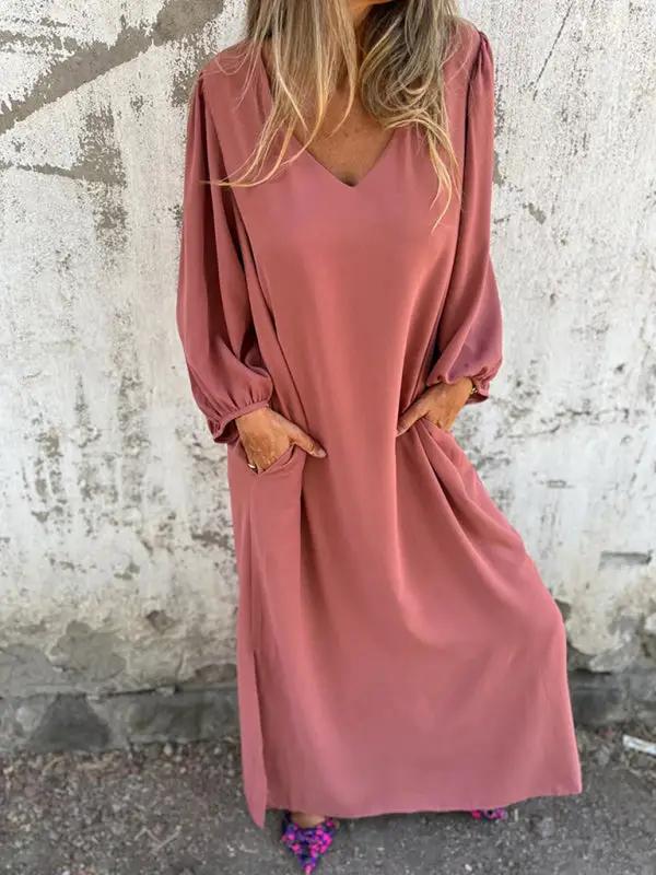 Pink V-neck lantern sleeve dress, full view