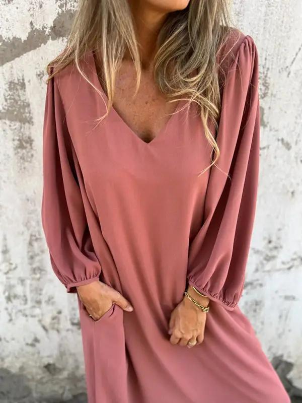 Pink V-neck lantern sleeve dress, close-up