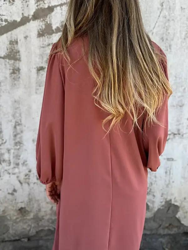 Pink V-neck lantern sleeve dress, back view