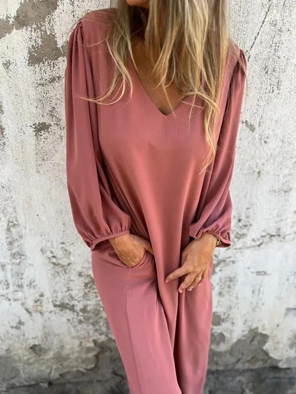 Pink V-neck lantern sleeve dress, front view