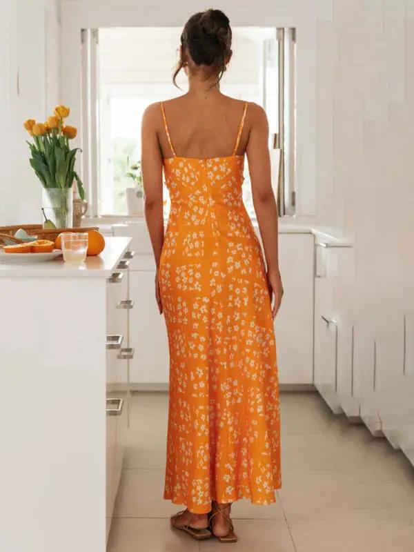 Back view of orange floral V-neck backless dress
