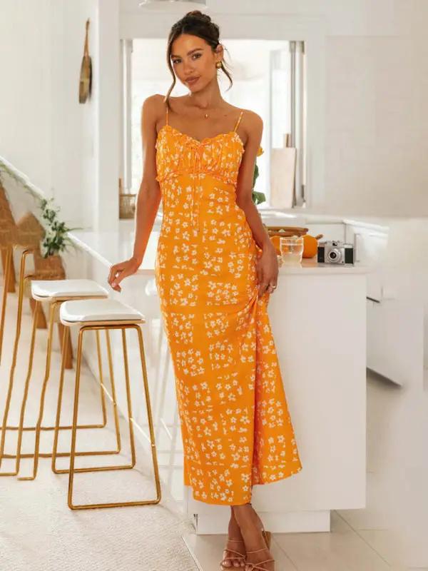 Orange floral slim-fit V-neck backless dress