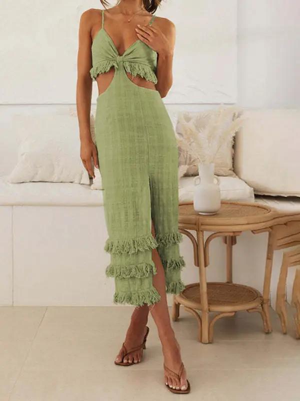 Green backless dress with slit and fringe details