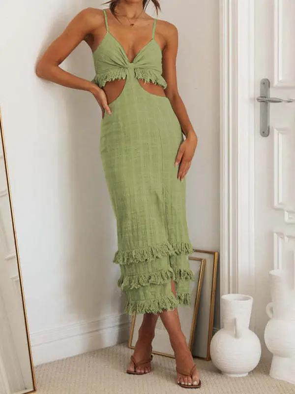Green dress with fringe and cutout details