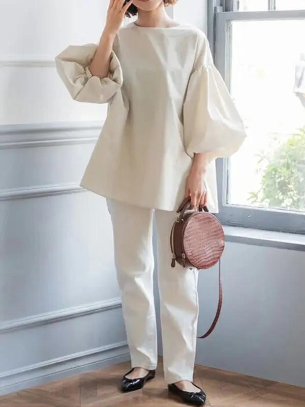 Full outfit with beige lantern sleeve shirt