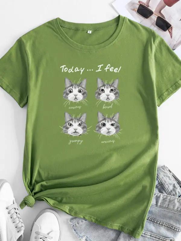 Olive green cat print round neck short sleeve T-shirt