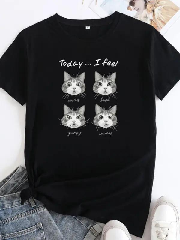 Black cat print round neck short sleeve T-shirt