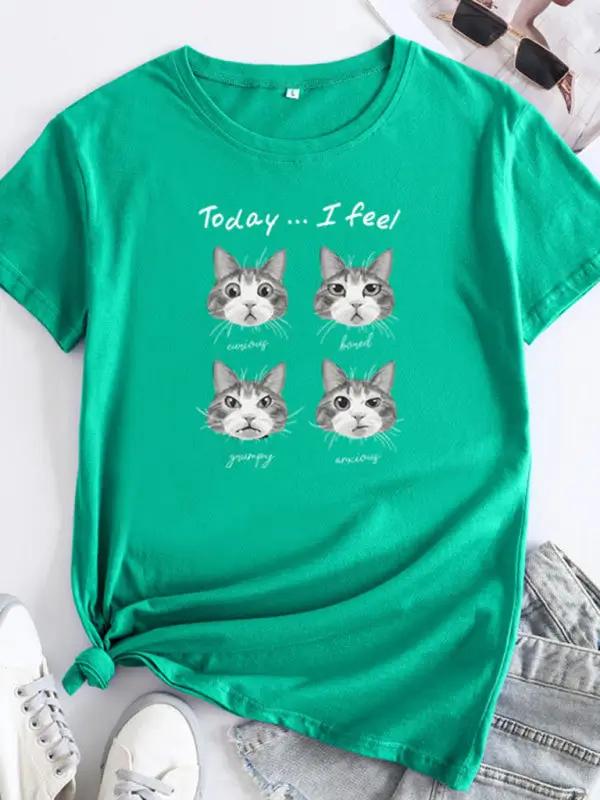 Teal cat print round neck short sleeve T-shirt