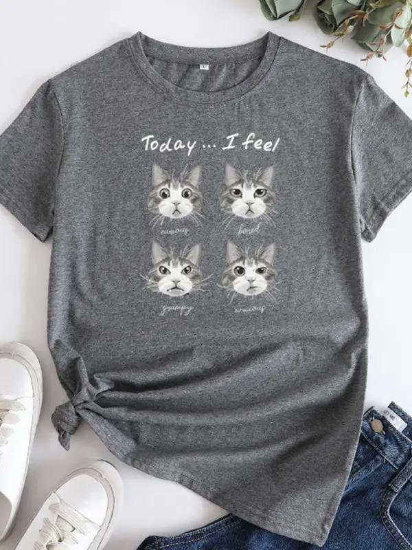 Gray cat print round neck short sleeve T-shirt