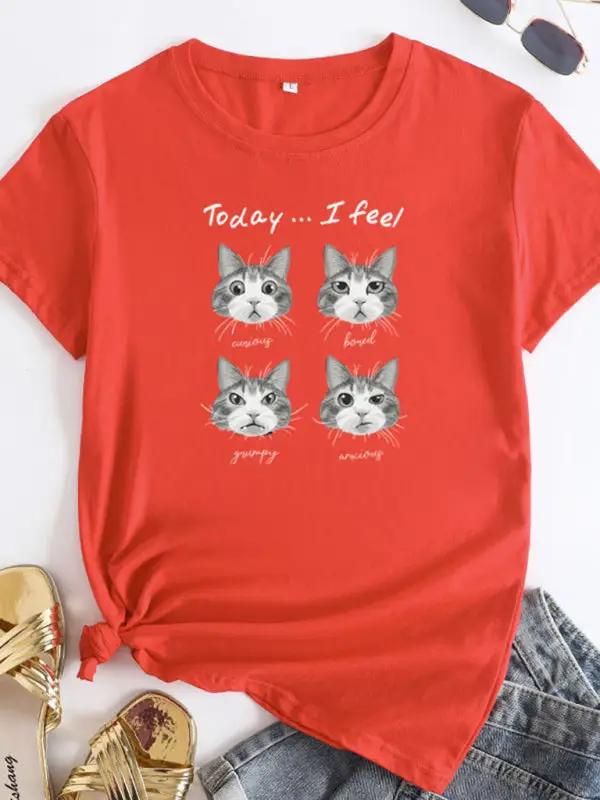 Red cat print round neck short sleeve T-shirt