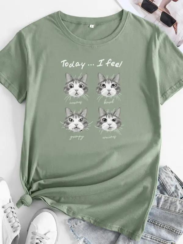 Sage green cat print round neck short sleeve T-shirt