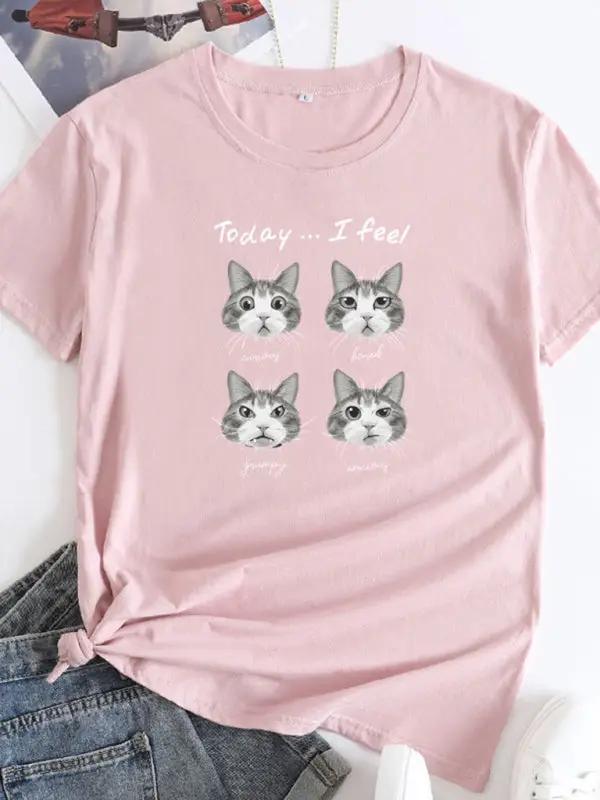 Pink cat print round neck short sleeve T-shirt