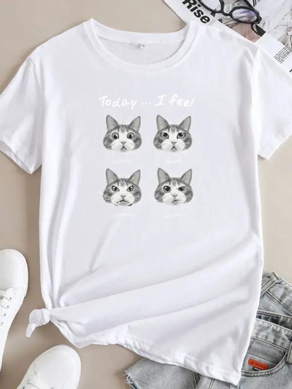 White cat print round neck short sleeve T-shirt