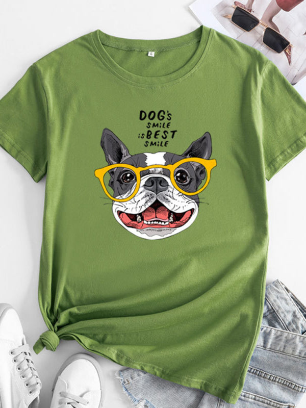 Light green puppy print round neck short sleeve T-shirt