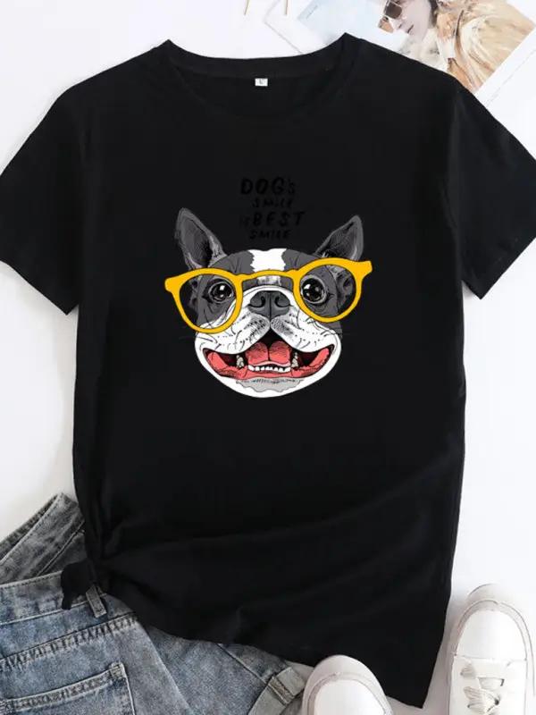 Black puppy print round neck short sleeve T-shirt