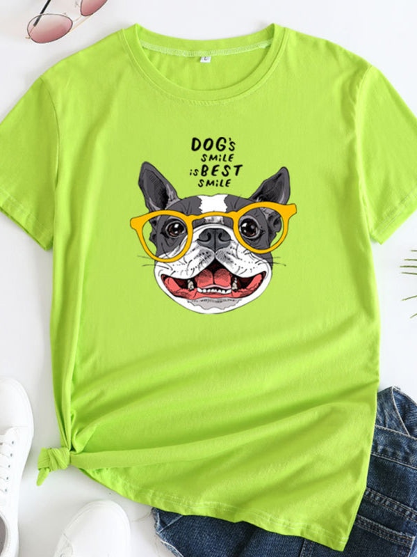 Lime green puppy print round neck short sleeve T-shirt