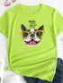 Lime green puppy print round neck short sleeve T-shirt