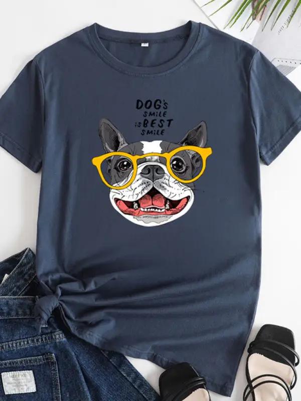 Navy puppy print round neck short sleeve T-shirt