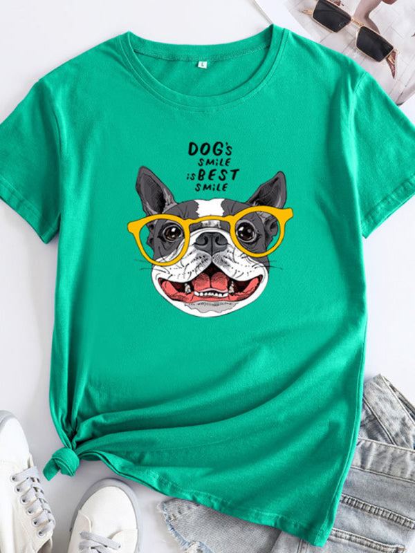 Teal puppy print round neck short sleeve T-shirt