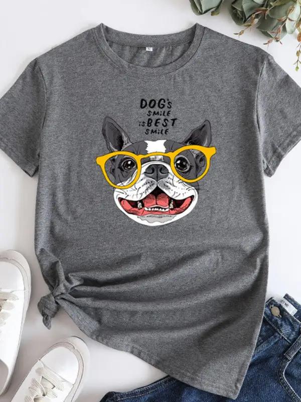 Gray puppy print round neck short sleeve T-shirt