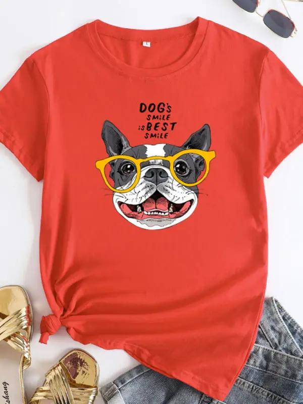Red puppy print round neck short sleeve T-shirt