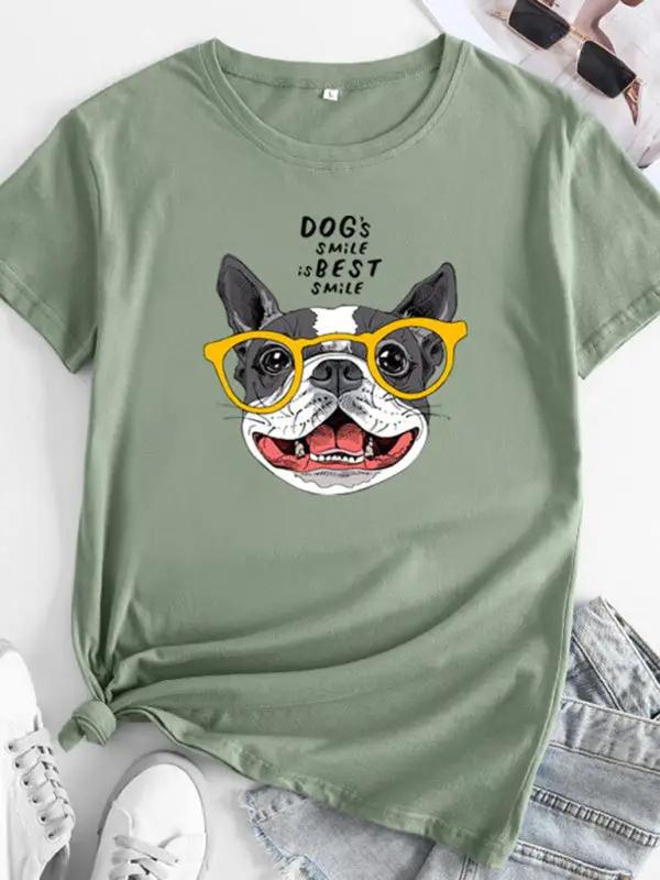 Olive puppy print round neck short sleeve T-shirt