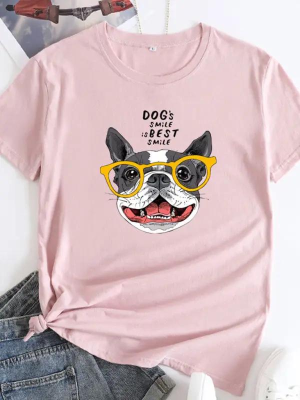 Pink puppy print round neck short sleeve T-shirt