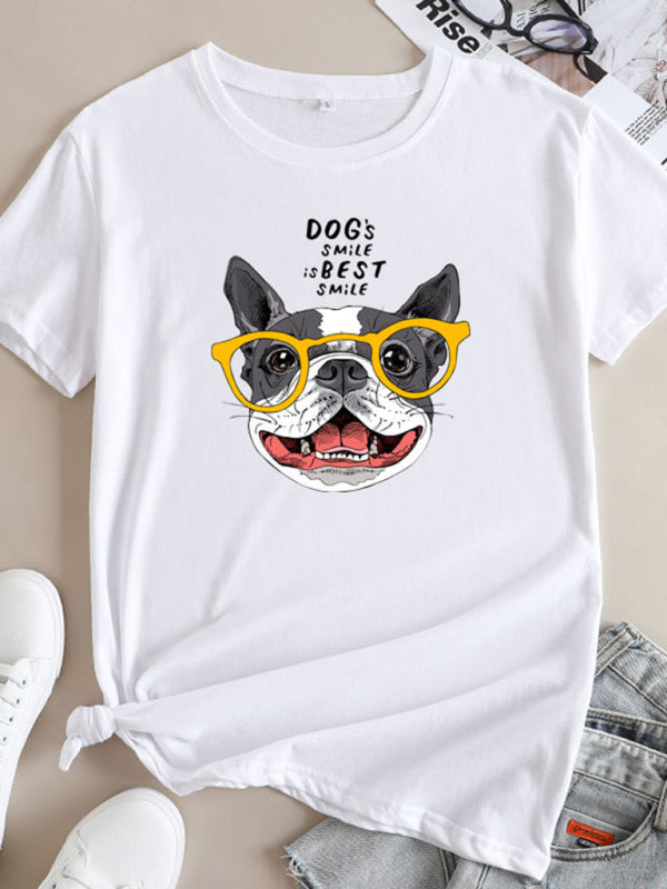 White puppy print round neck short sleeve T-shirt