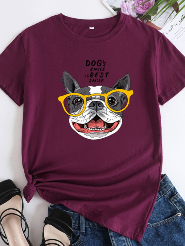 Burgundy puppy print round neck short sleeve T-shirt